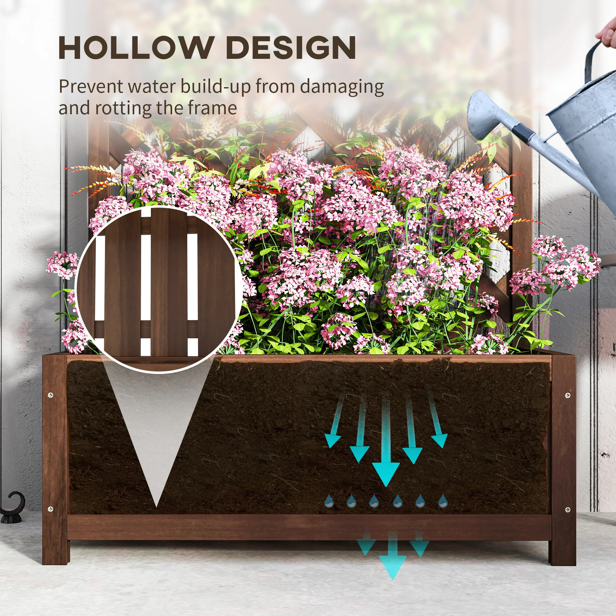 Garden Wooden Planter Box with Trellis Lattice Flower Raised Bed, Dark Brown
