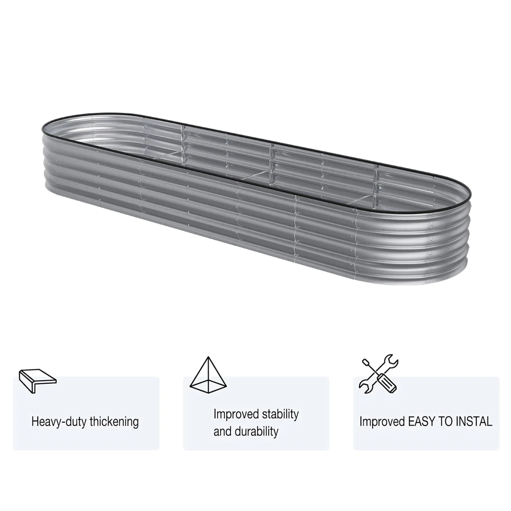 Silver Oval-Shaped Galvanized Steel Raised Garden Bed, 320cm W x 80cm D x 42cm H