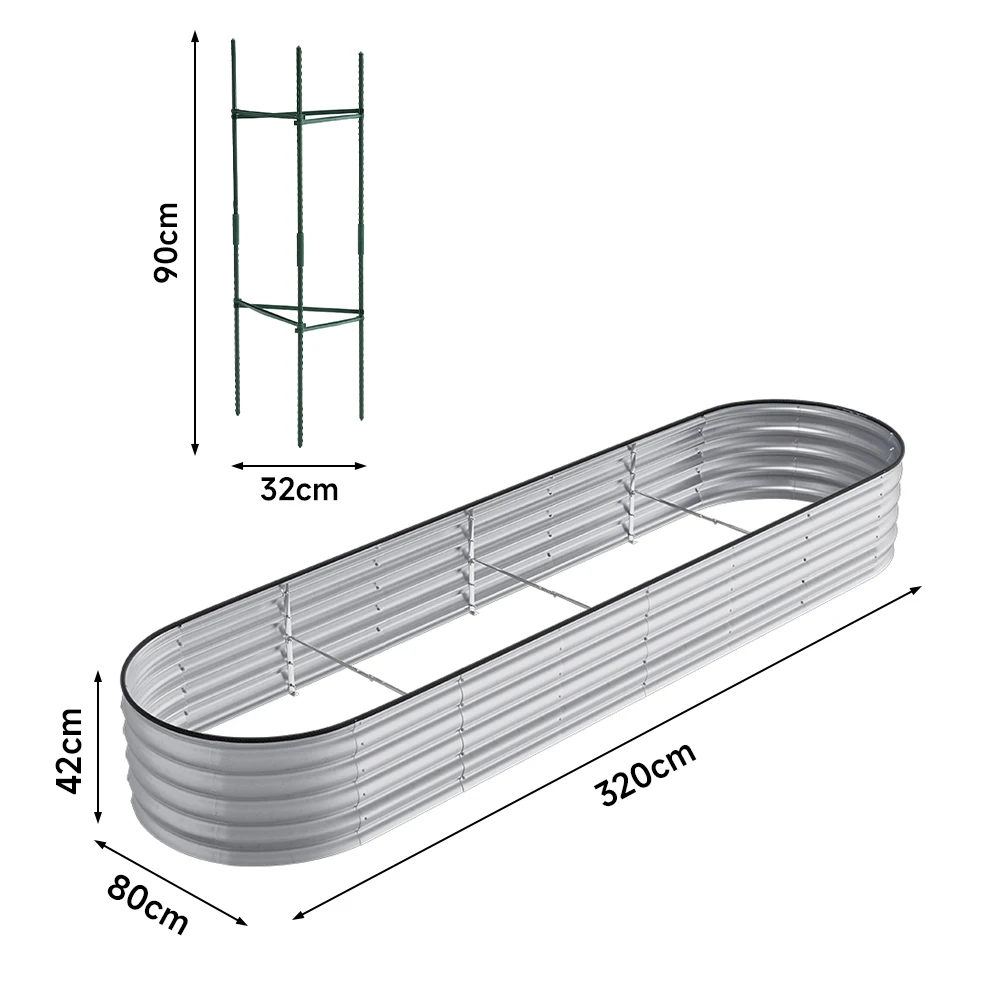 Silver Oval-Shaped Galvanized Steel Raised Garden Bed, 320cm W x 80cm D x 42cm H