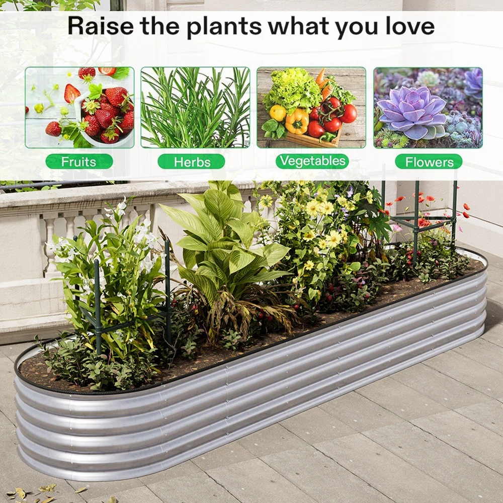 Silver Oval-Shaped Galvanized Steel Raised Garden Bed, 320cm W x 80cm D x 42cm H