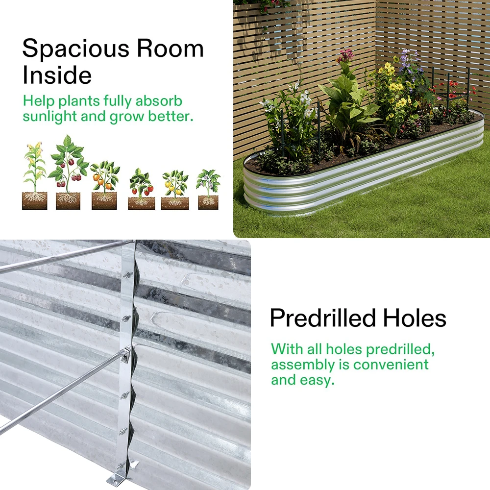 Silver Oval-Shaped Galvanized Steel Raised Garden Bed, 320cm W x 80cm D x 42cm H