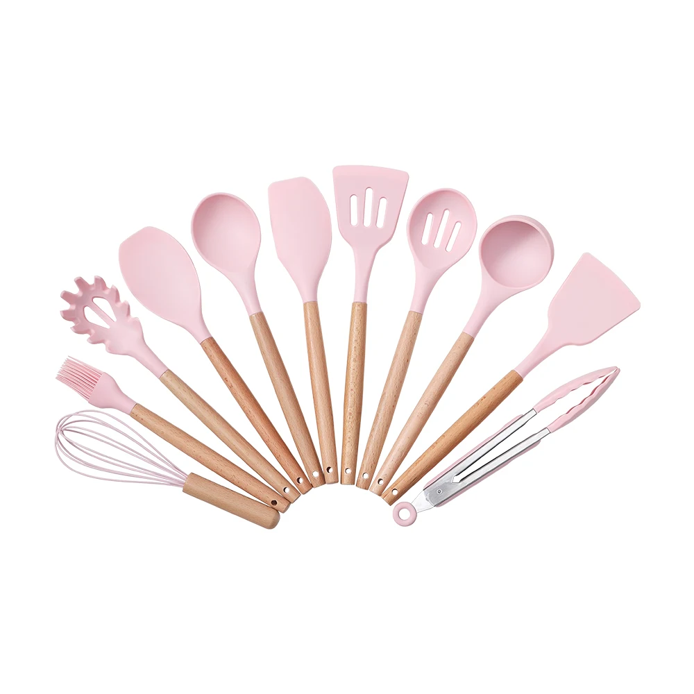 【Lifeideas】11Set of Wooden Handle Silicone Household Kitchen Tools Non-Stick Pan Cooking Spatula and Spoon Kitchenware Set