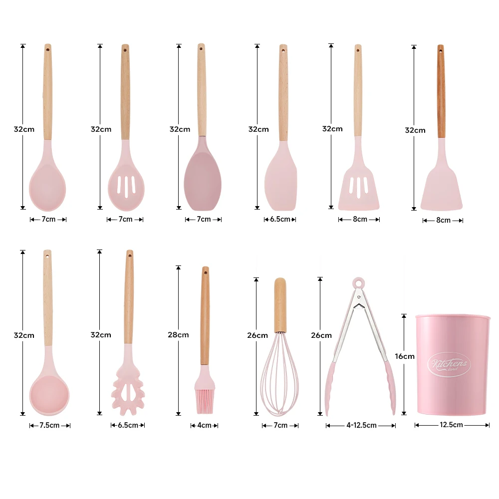 【Lifeideas】11Set of Wooden Handle Silicone Household Kitchen Tools Non-Stick Pan Cooking Spatula and Spoon Kitchenware Set