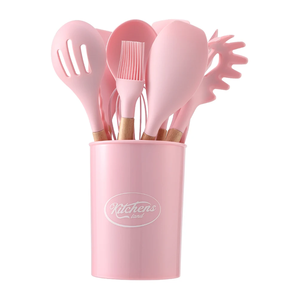 【Lifeideas】11Set of Wooden Handle Silicone Household Kitchen Tools Non-Stick Pan Cooking Spatula and Spoon Kitchenware Set