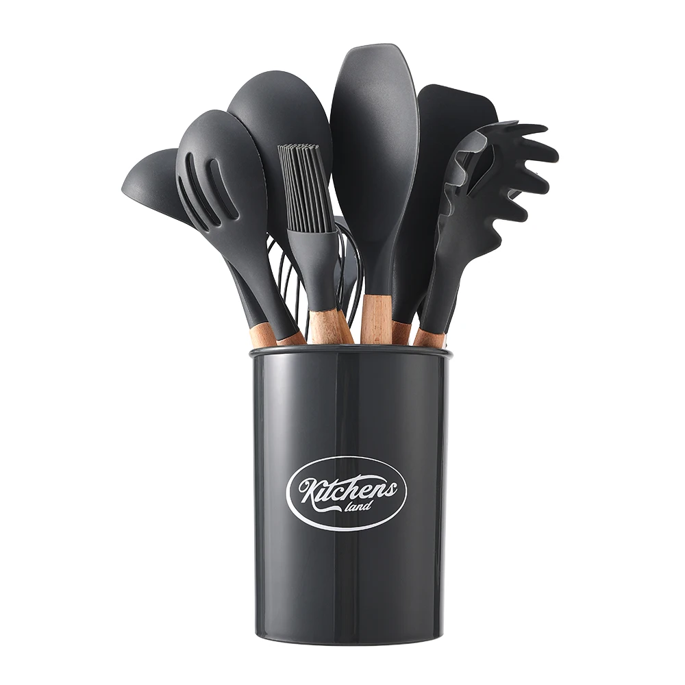 【Lifeideas】11Set of Wooden Handle Silicone Household Kitchen Tools Non-Stick Pan Cooking Spatula and Spoon Kitchenware Set
