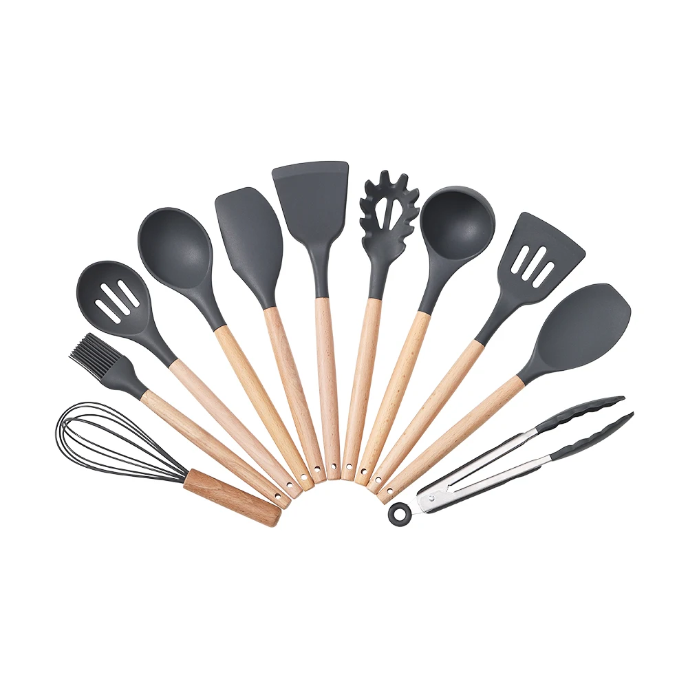 【Lifeideas】11Set of Wooden Handle Silicone Household Kitchen Tools Non-Stick Pan Cooking Spatula and Spoon Kitchenware Set