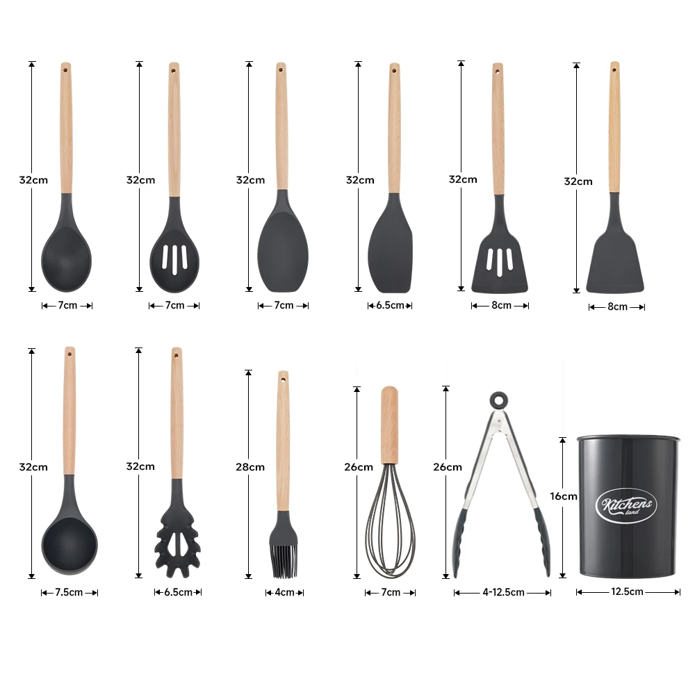 【Lifeideas】11Set of Wooden Handle Silicone Household Kitchen Tools Non-Stick Pan Cooking Spatula and Spoon Kitchenware Set