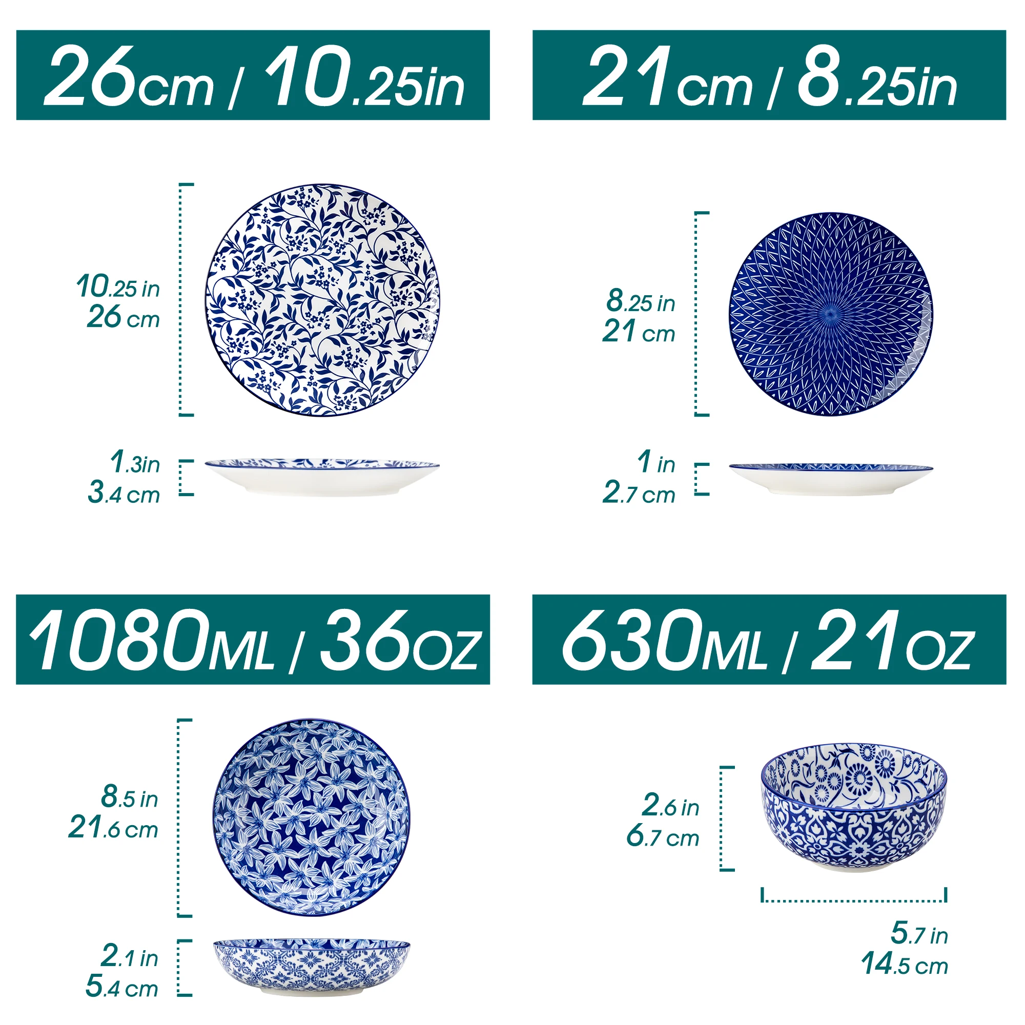 vancasso 12/24/36 Piece Chinese Blue and White Porcelain Plate Set Tableware Set with 4PCS Dinner Plate/Dessert Plate/Ceral Bowl