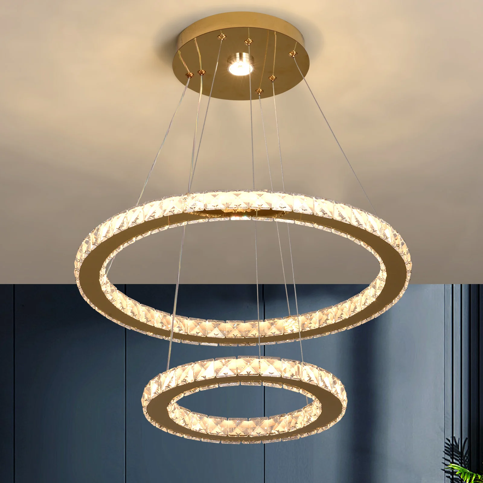 Modern Rings Led Pendant Light Luxury Crystal Dimmable Chandelier Hanging Lustre Ceiling Lamp Living Dining Room Decor Fixture