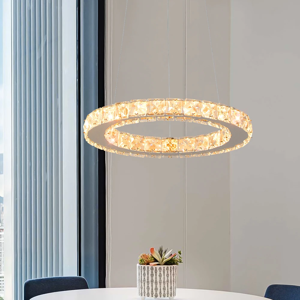 Modern Rings Led Pendant Light Luxury Crystal Dimmable Chandelier Hanging Lustre Ceiling Lamp Living Dining Room Decor Fixture
