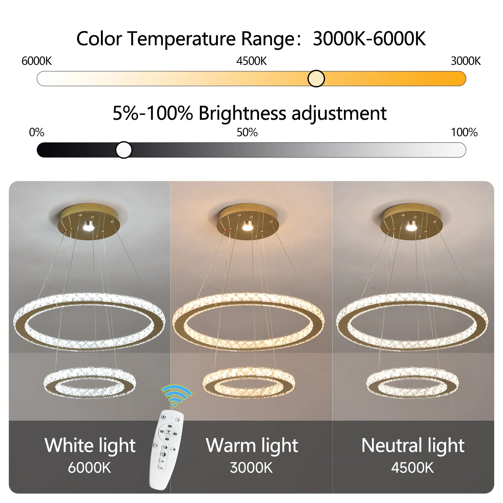 Modern Rings Led Pendant Light Luxury Crystal Dimmable Chandelier Hanging Lustre Ceiling Lamp Living Dining Room Decor Fixture
