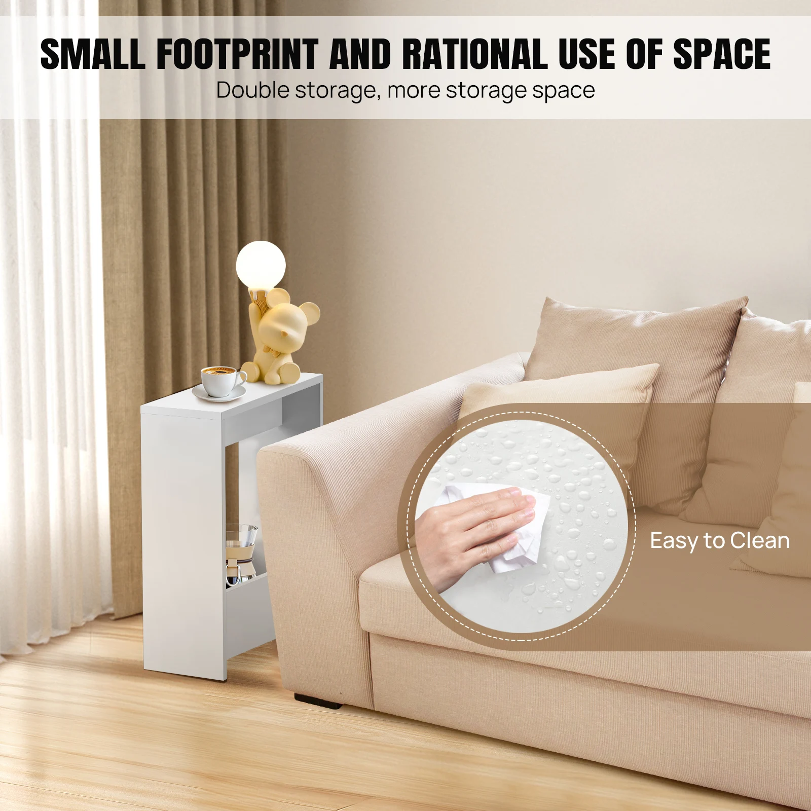 EFAN Side Table Slim End Table for Small Spaces, Narrow Bedside Table with Magazine Rack for Bedroom Living Room , Office, White
