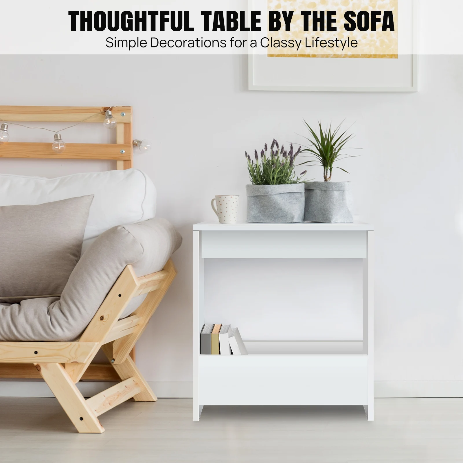 EFAN Side Table Slim End Table for Small Spaces, Narrow Bedside Table with Magazine Rack for Bedroom Living Room , Office, White