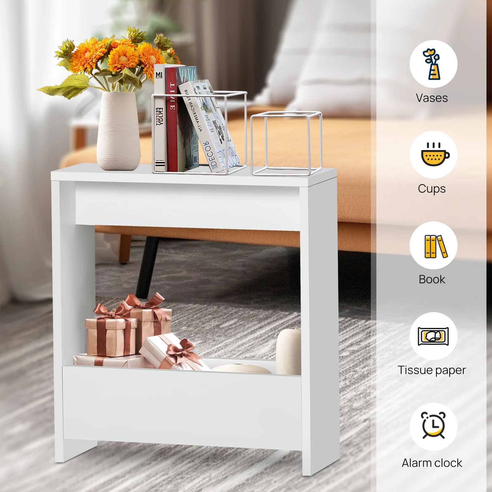 EFAN Side Table Slim End Table for Small Spaces, Narrow Bedside Table with Magazine Rack for Bedroom Living Room , Office, White