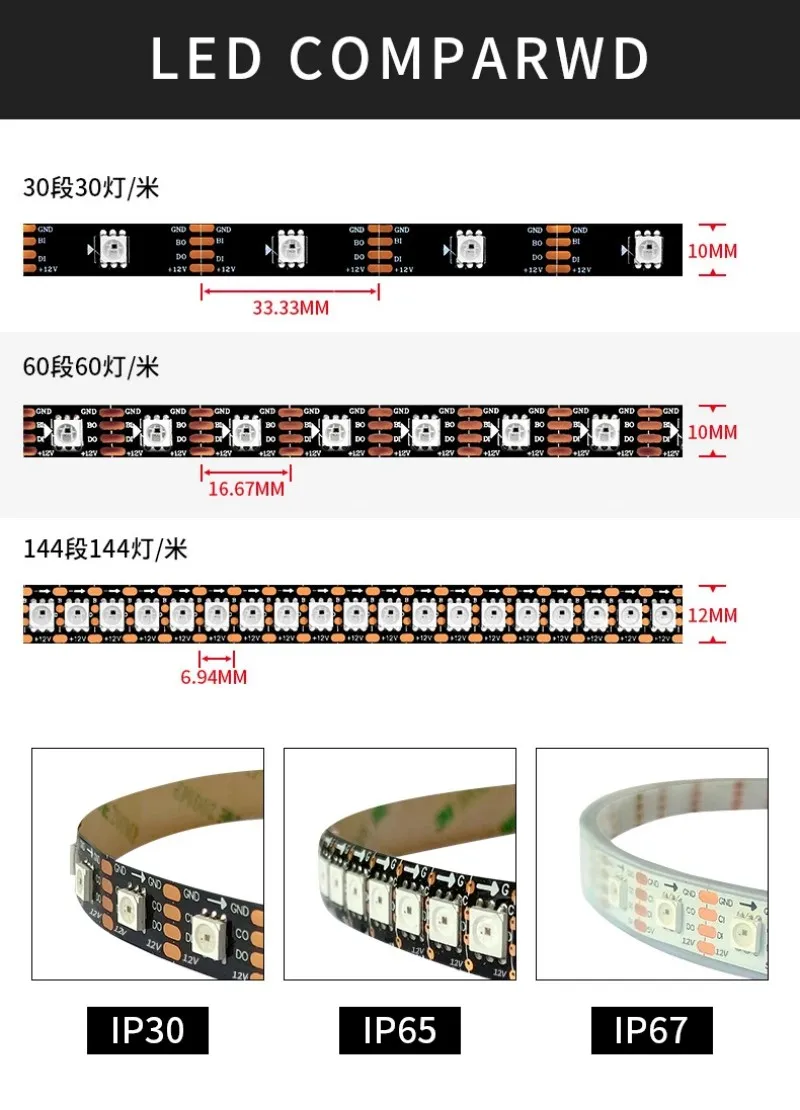 1/5m 5V WS2812 12V WS2815 LED Strip 30/60/74/96/144 LEDs/m Addressable IC Pixel 5050 RGB Lights Tape IP30/65/67 Magic Neon Bar
