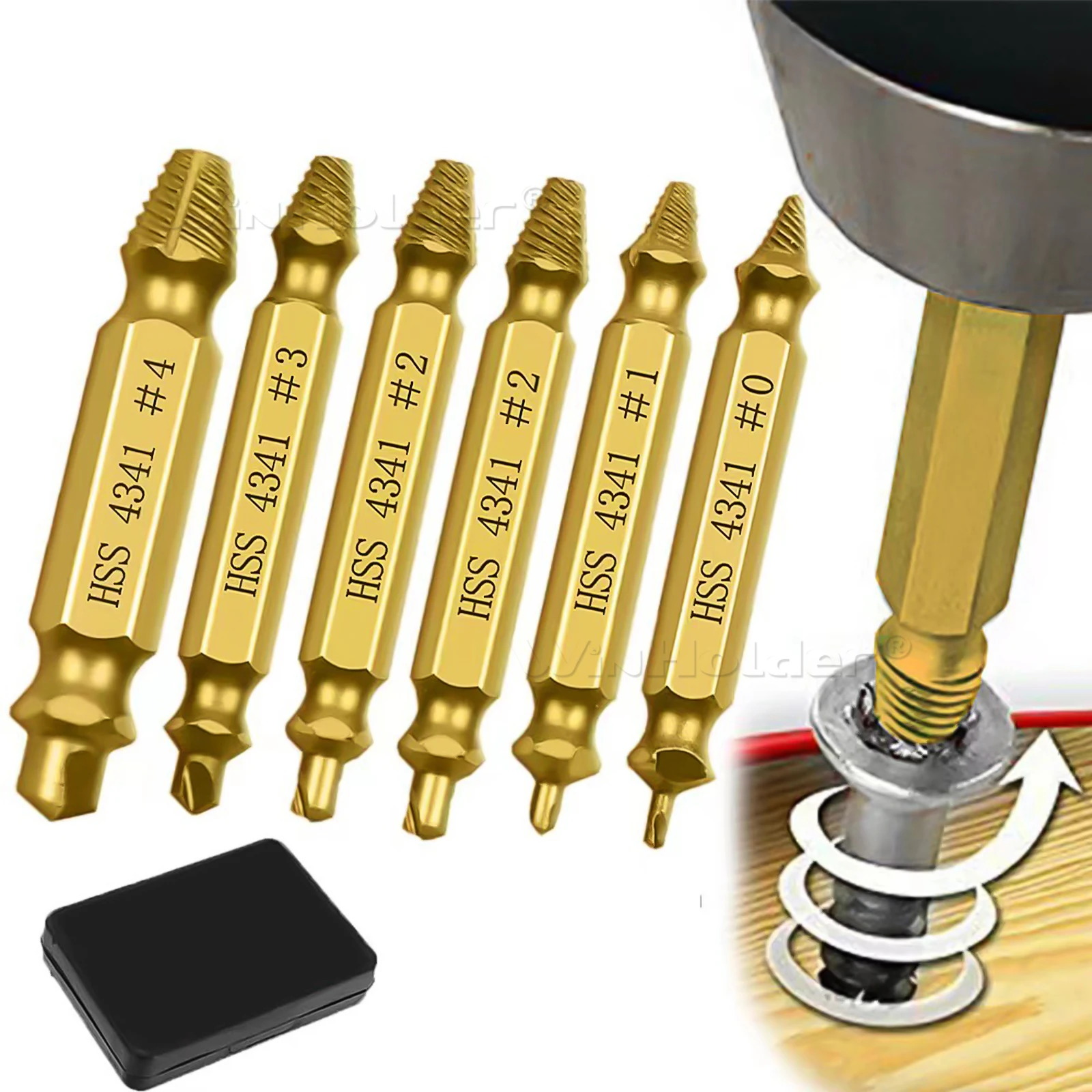 6Pcs/Set Broken Screw Extractor Remover Set Damaged Bolt Stud Easy Out Stripped Drill Bit Tools Kit with Black Case