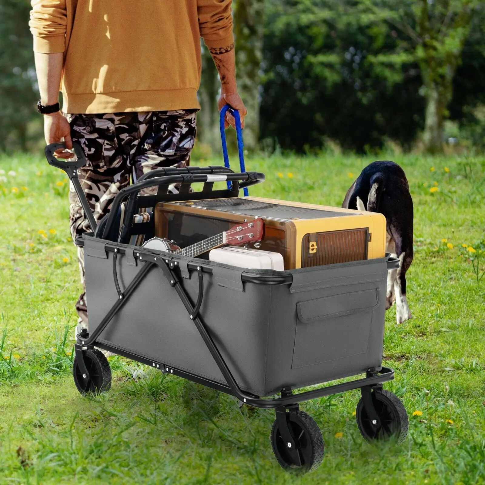 GOFLAME Collapsible Foldable Wagon Heavy-Duty Wagon Cart w/ Adjustable Handlebar