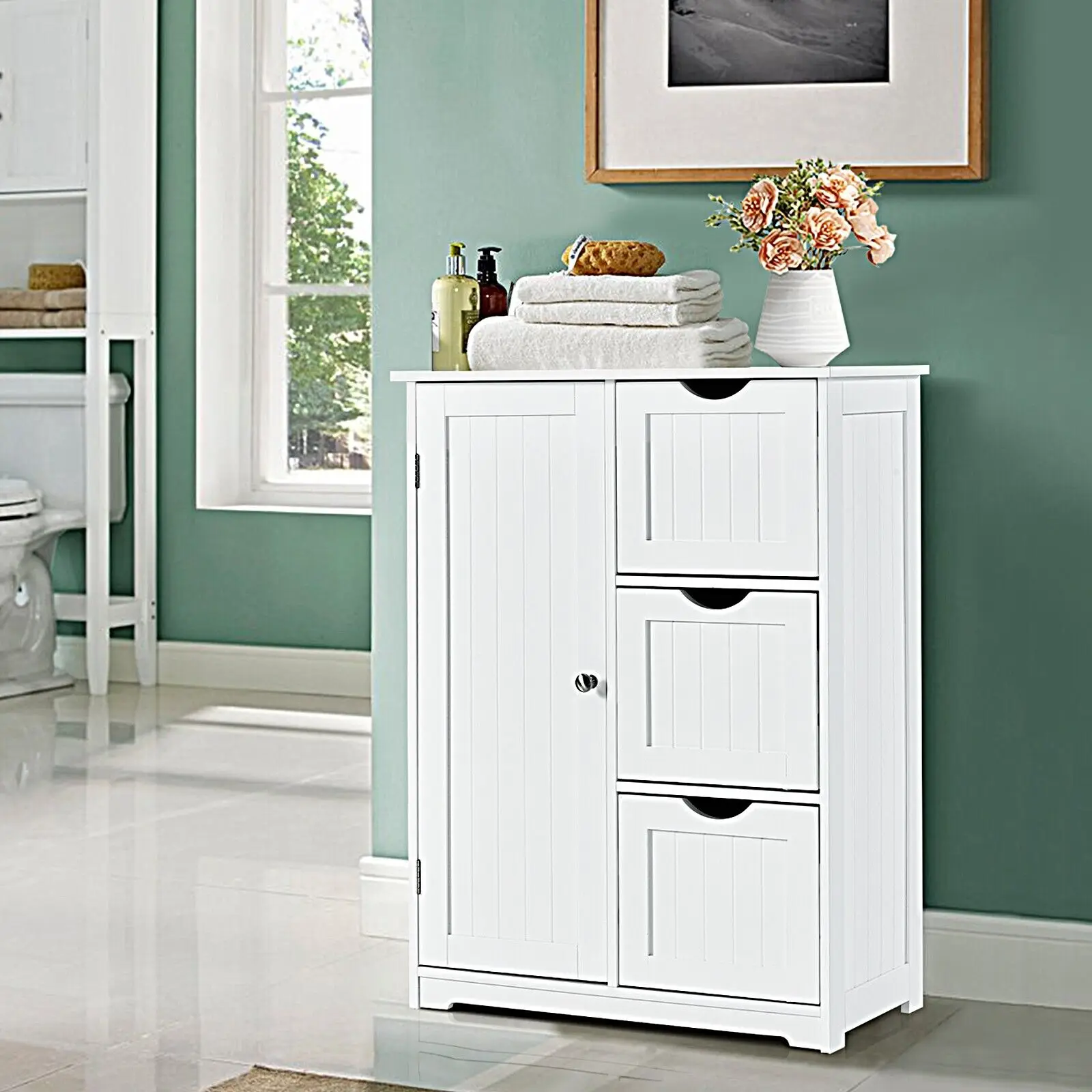 GOFLAME Bathroom Floor Cabinet Storage Cupboard Organizer W/Adjustable Shelf & 3 Drawers