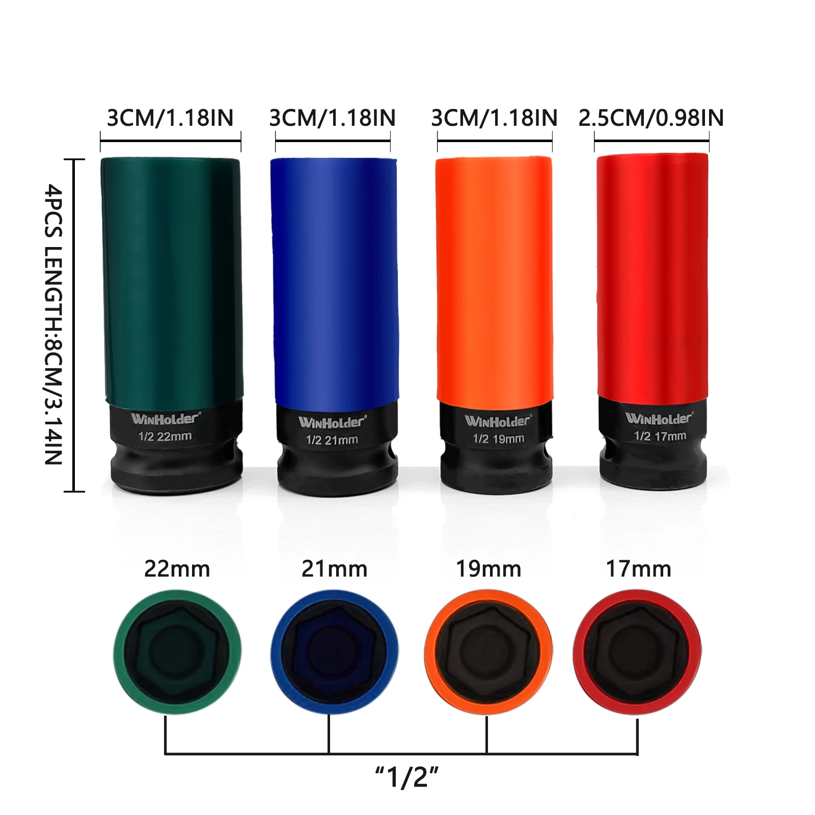 17mm 19mm 21mm 22mm Alloy Wheel Nut Thin Deep Impact Socket Tools Set 1/2" Drive 4Pcs Wheel Nut Thin Deep 6 Point Socket Kit