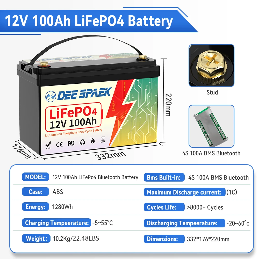 LiFePO4 Battery Pack 12V 100Ah BMS Bluetooth For RV Home Energy EV Solar Rechargeable Lithium Iron Phosphate Batteries GB Stock