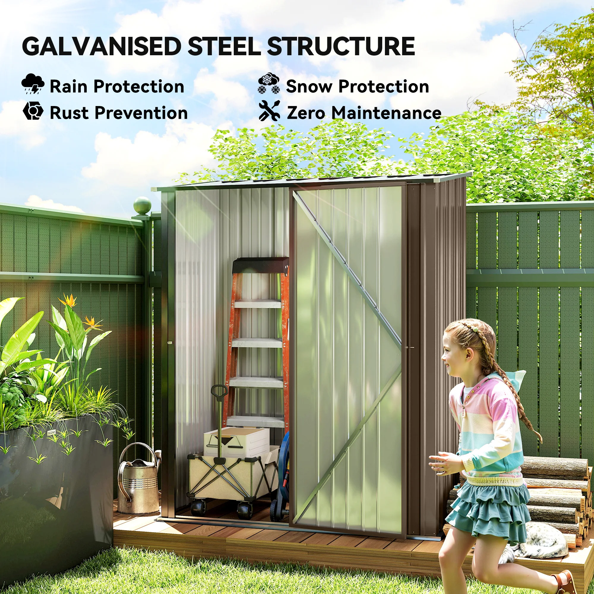 Outdoor Storage Shed Steel Garden Shed W/ Lockable Door for Garden, Brown