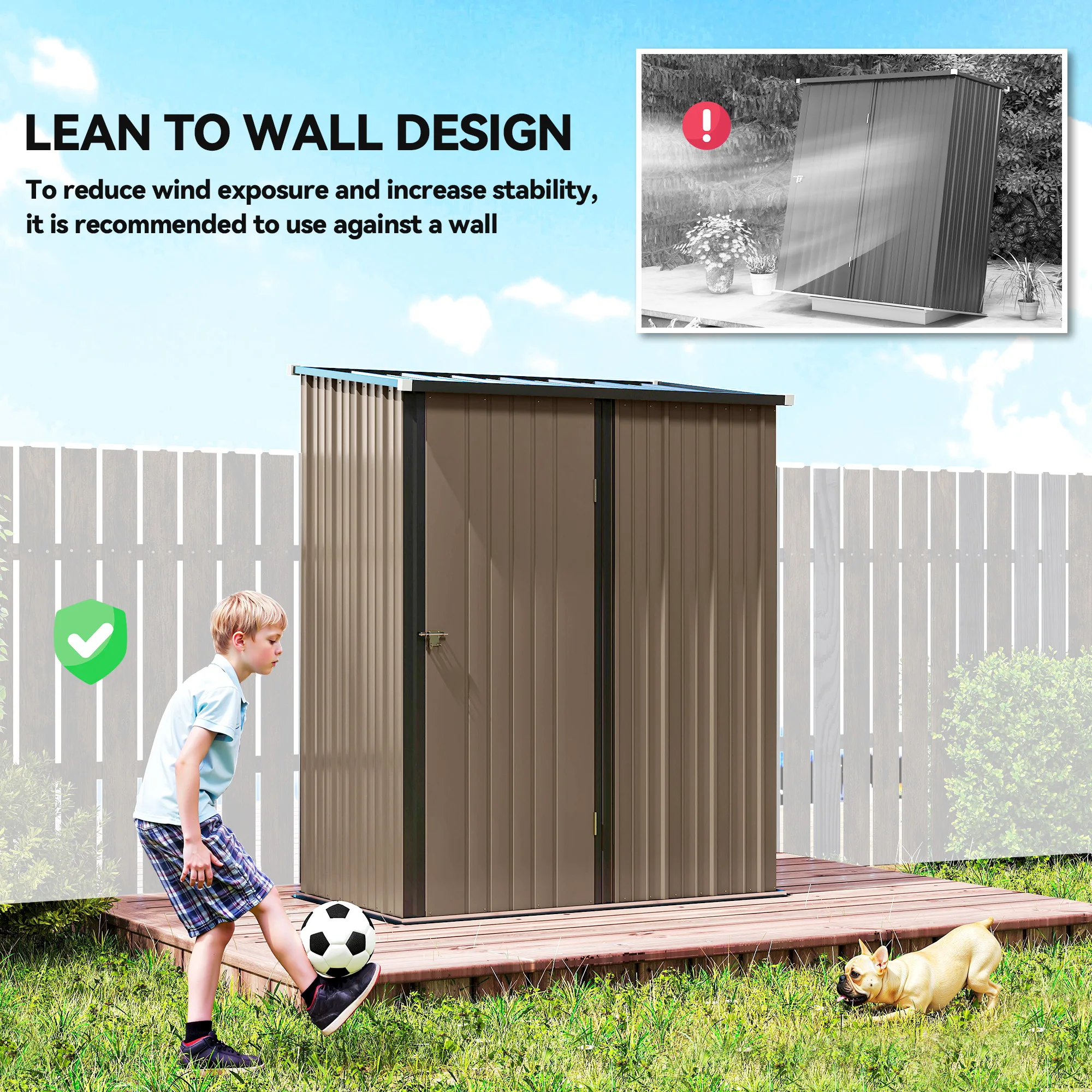 Outdoor Storage Shed Steel Garden Shed W/ Lockable Door for Garden, Brown