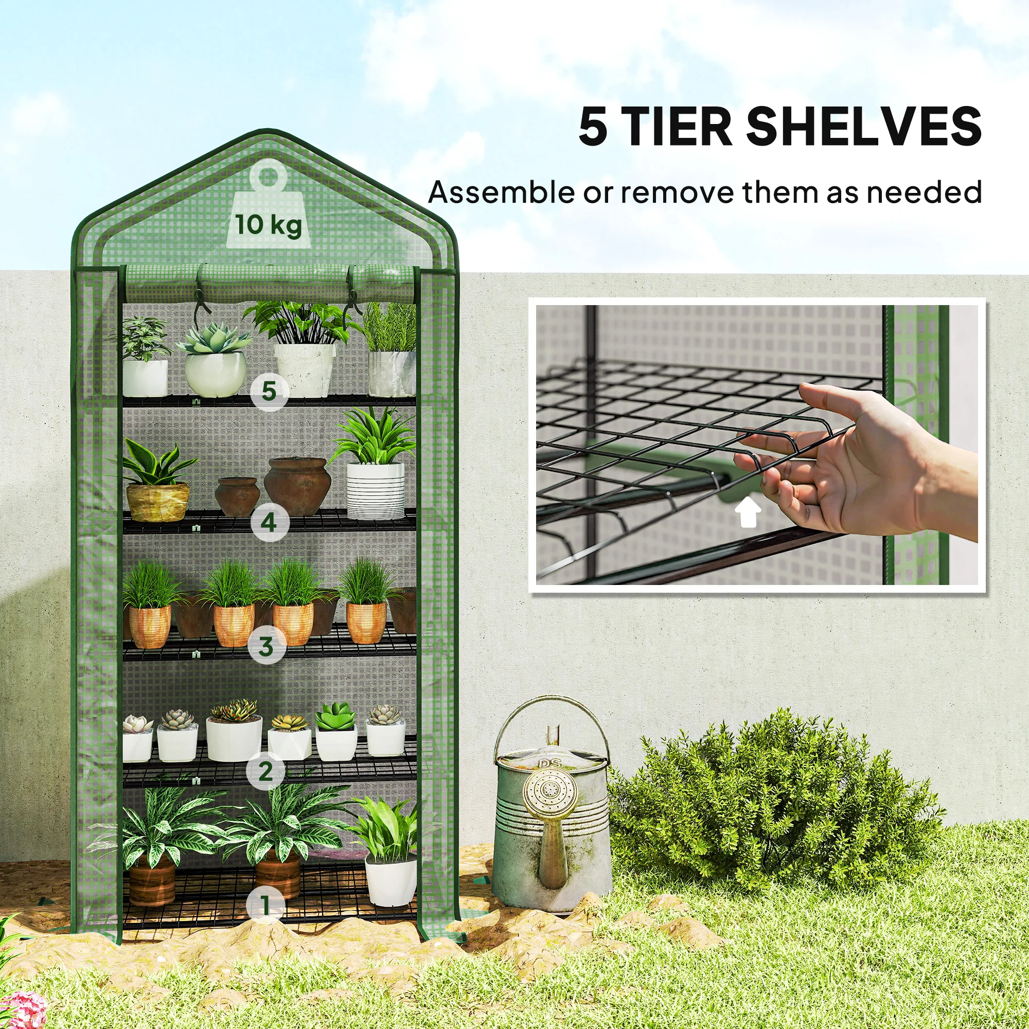 5 Tier Widened Mini Greenhouse Portable Green House W/ Door, 193H X 90Wcm, Green