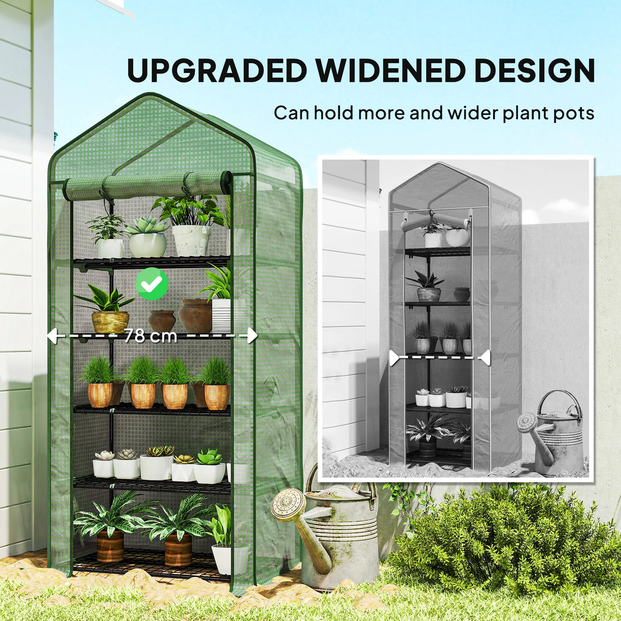 5 Tier Widened Mini Greenhouse Portable Green House W/ Door, 193H X 90Wcm, Green