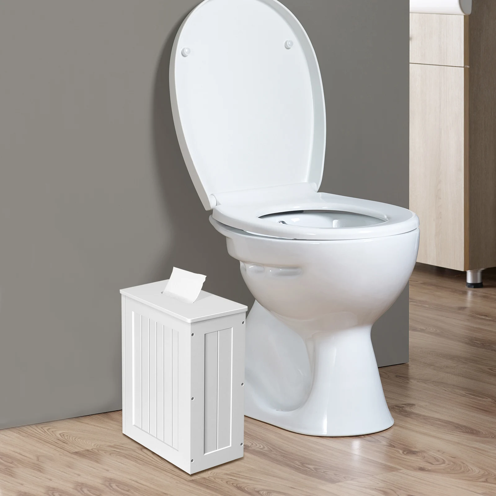 White Compact Shaker Wooden Bathroom Storage Unit, Undersink Toilet Roll Paper Cabinet, Weatherproof Engineered Wood Multi-Purpose Cleaning Tidy Box 14×27×35cm