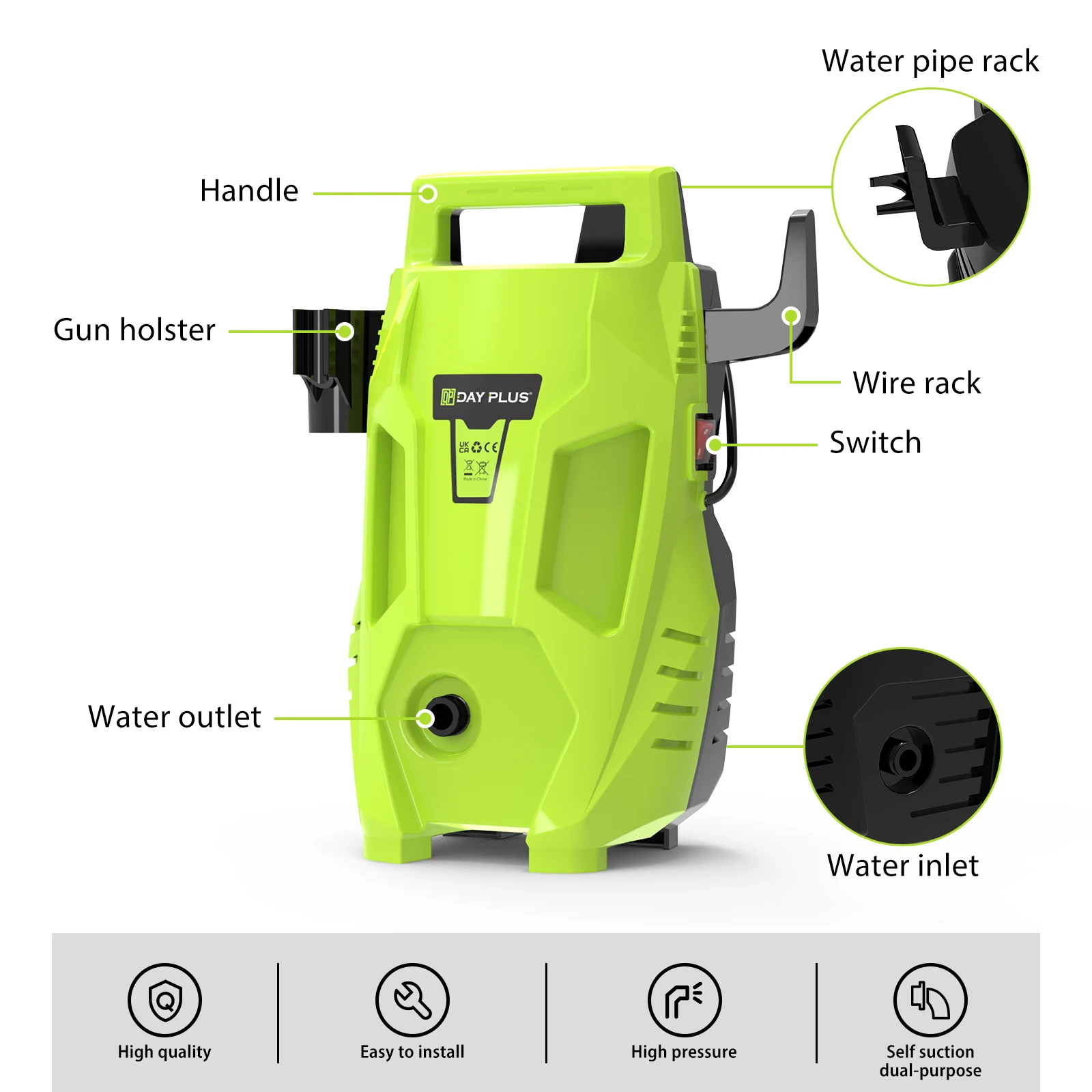 DayPlus High Pressure Washer, Electric Washer Gun 200Bar/3000PSI , 3000W Jet Washer Cleaner for Patios, Cars Driveway & Garden