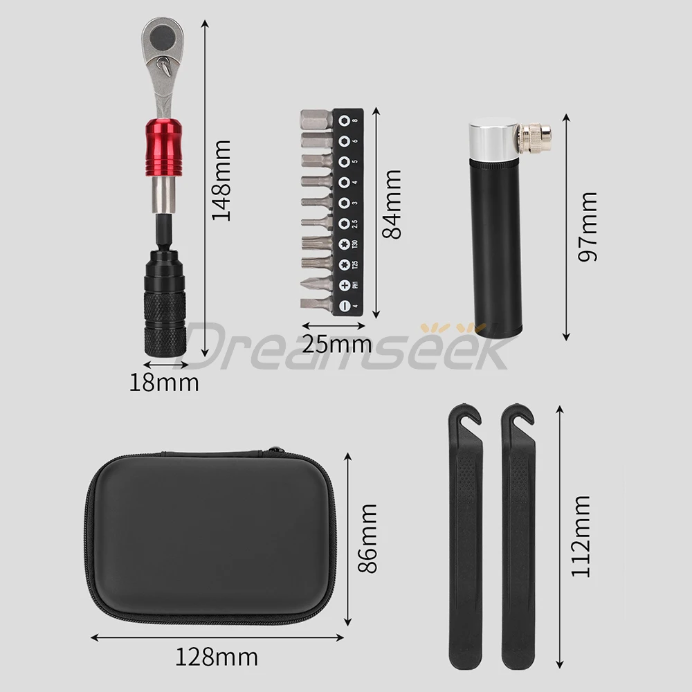 Mini Bike Repair Tool Kit Bicycle Ratchet Wrench Pump Tire Lever Multi-Purpose Set Portable Storage Bag Box Cycling Accessories
