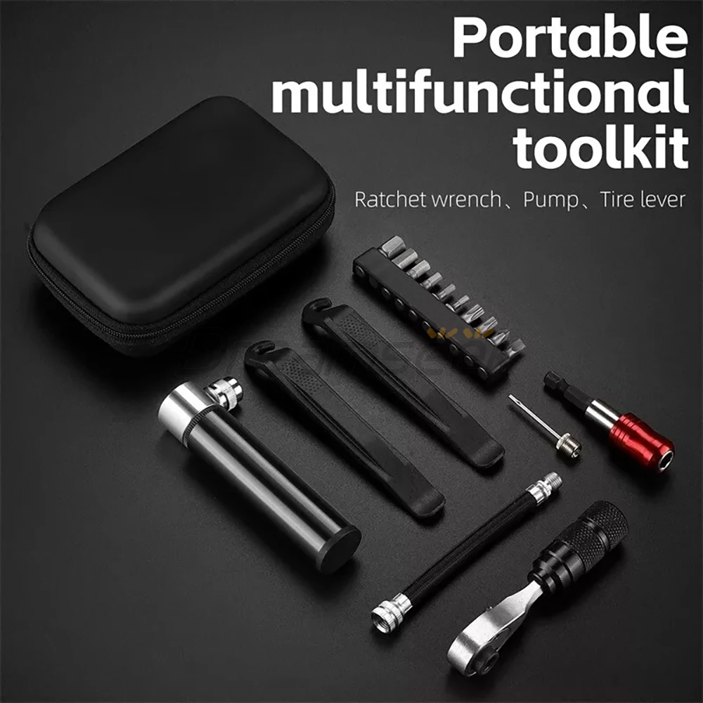 Mini Bike Repair Tool Kit Bicycle Ratchet Wrench Pump Tire Lever Multi-Purpose Set Portable Storage Bag Box Cycling Accessories