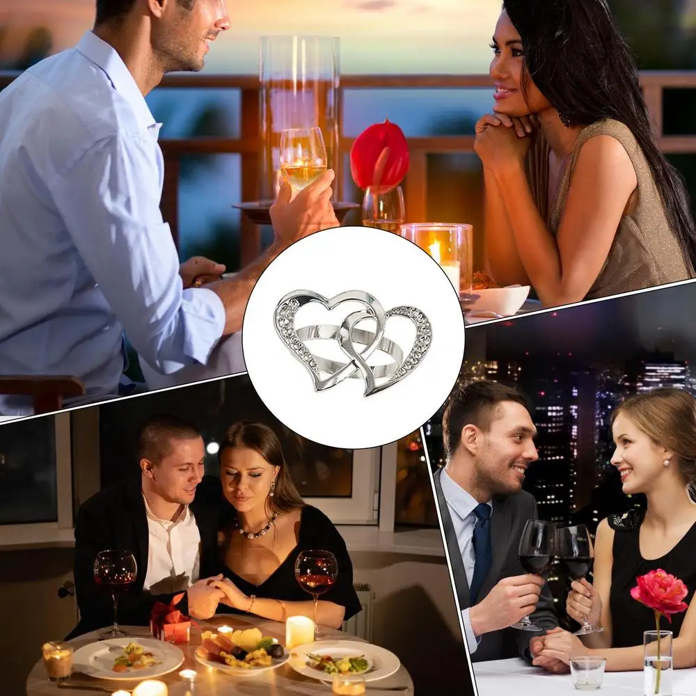 Double Heart Napkin Rings 6X Hollow-Out Napkin Ring With Rhinestone Home Decoration Party Supplies For Wedding Dinner Party