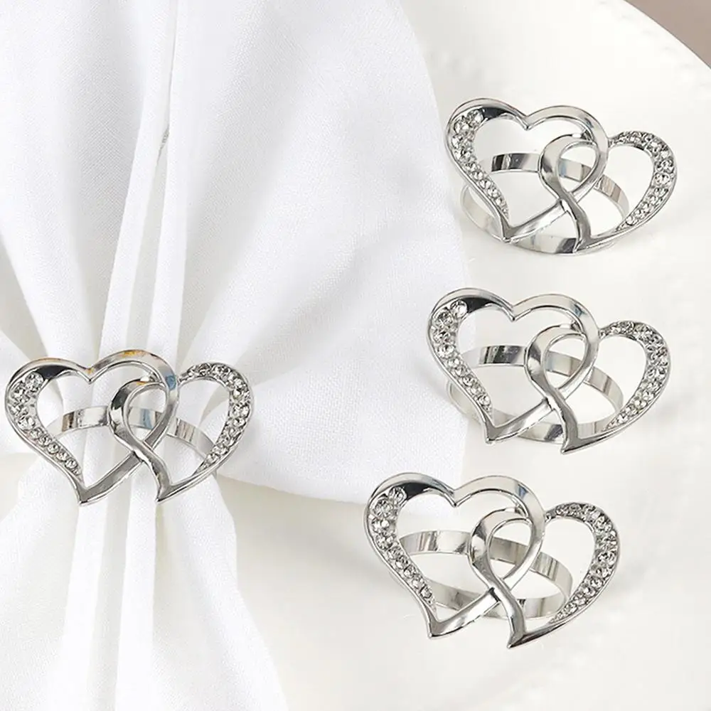 Double Heart Napkin Rings 6X Hollow-Out Napkin Ring With Rhinestone Home Decoration Party Supplies For Wedding Dinner Party