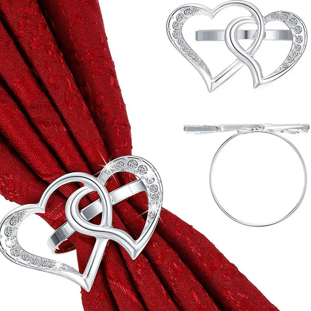 Double Heart Napkin Rings 6X Hollow-Out Napkin Ring With Rhinestone Home Decoration Party Supplies For Wedding Dinner Party