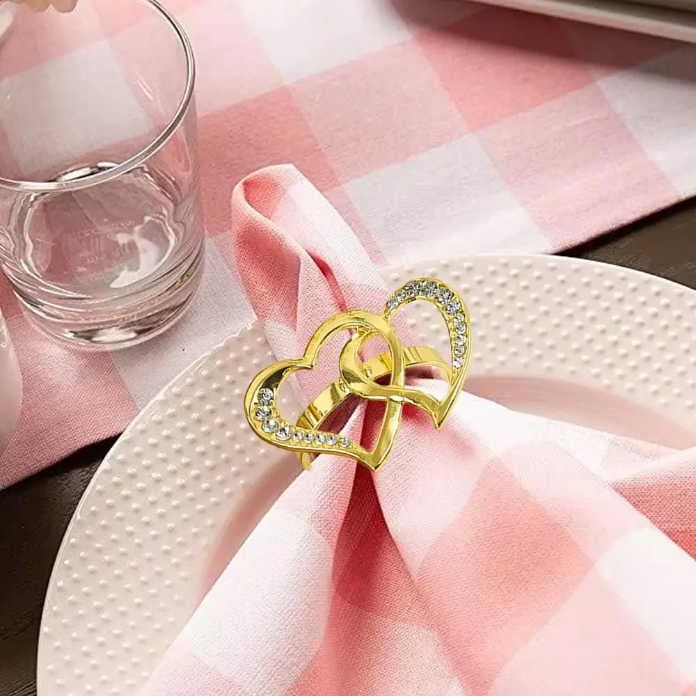 Double Heart Napkin Rings 6X Hollow-Out Napkin Ring With Rhinestone Home Decoration Party Supplies For Wedding Dinner Party