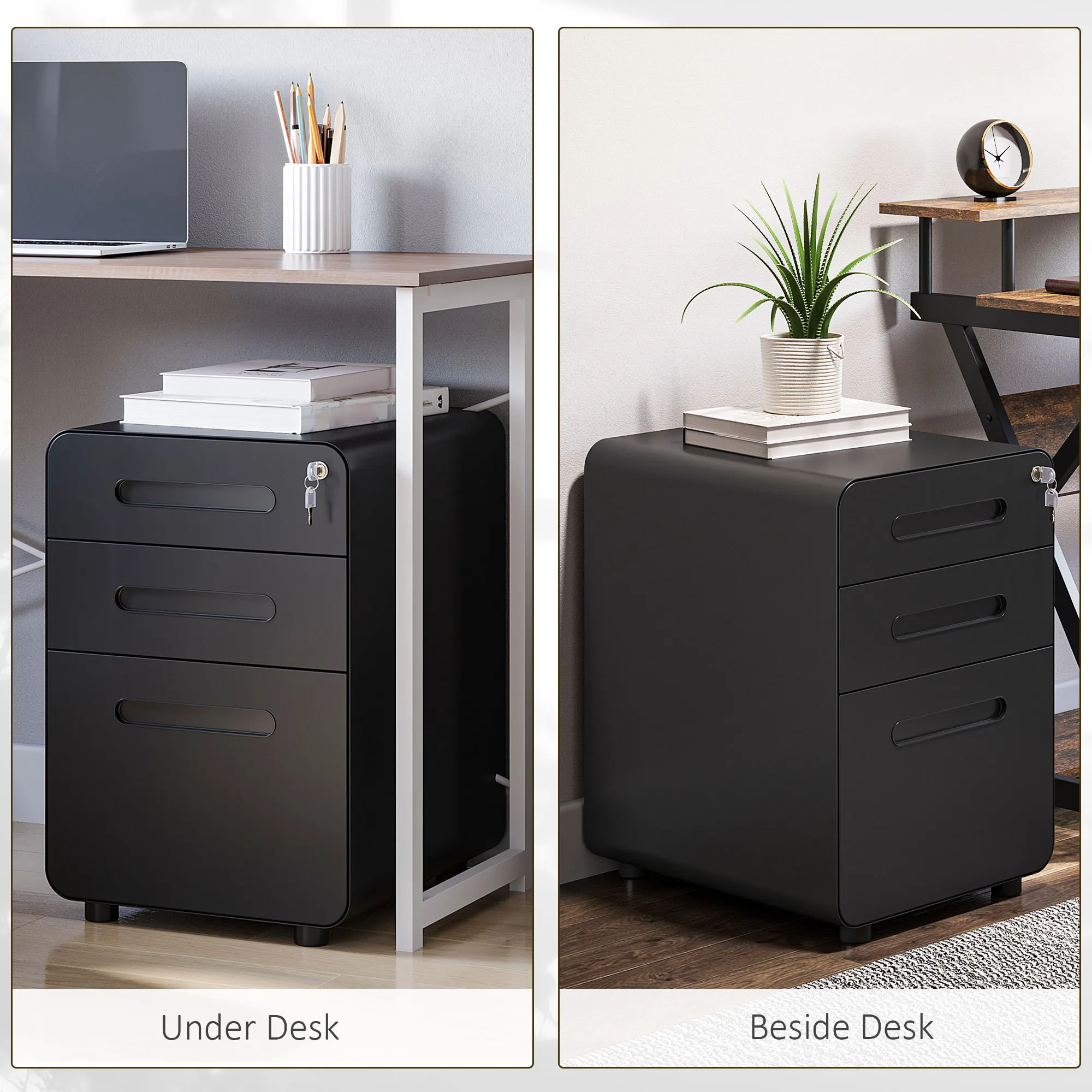 Vinsetto 3 Drawer Modern Steel Filing Cabinet w/ 4 Wheels Lock Pencil Box Black
