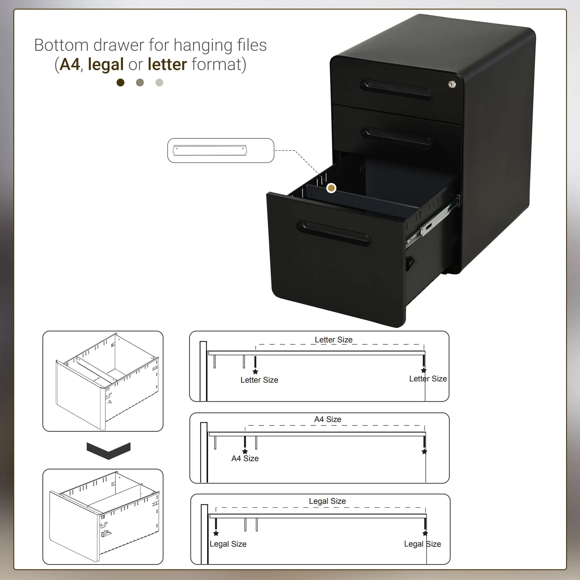 Vinsetto 3 Drawer Modern Steel Filing Cabinet w/ 4 Wheels Lock Pencil Box Black