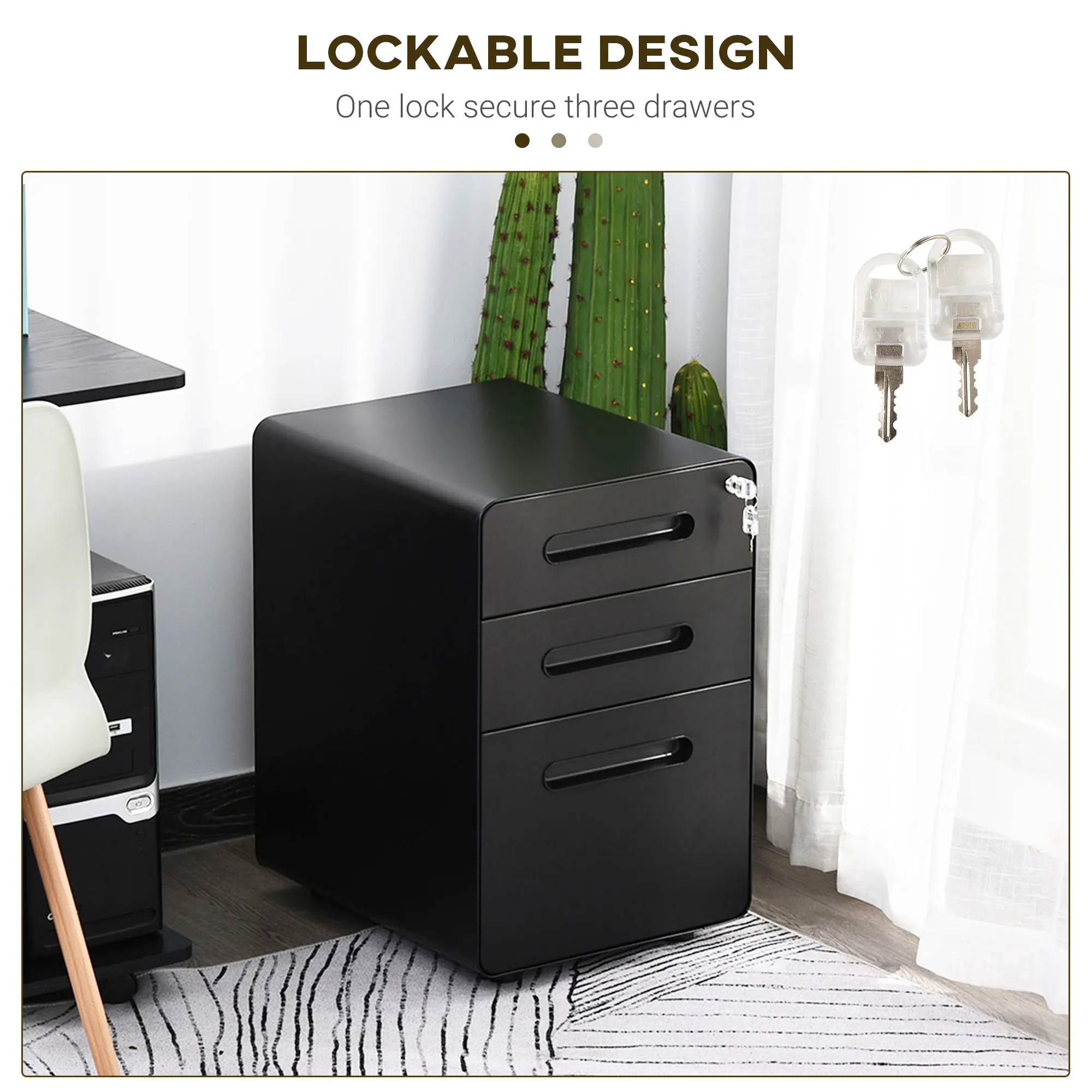 Vinsetto 3 Drawer Modern Steel Filing Cabinet w/ 4 Wheels Lock Pencil Box Black