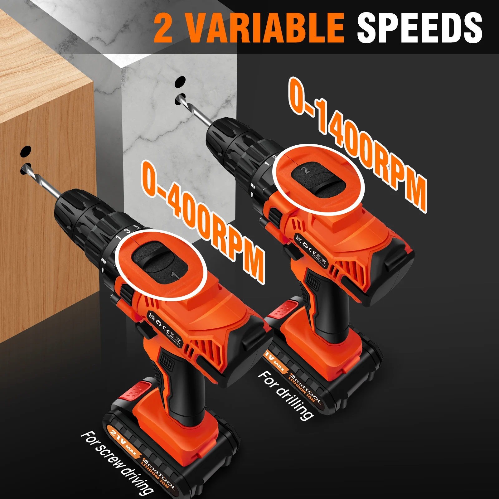 Cordless Drill Driver 21V Battery Drill Set Electric Screwdriver Set,45 Nm Max Impact Drill,2-Speed & LED