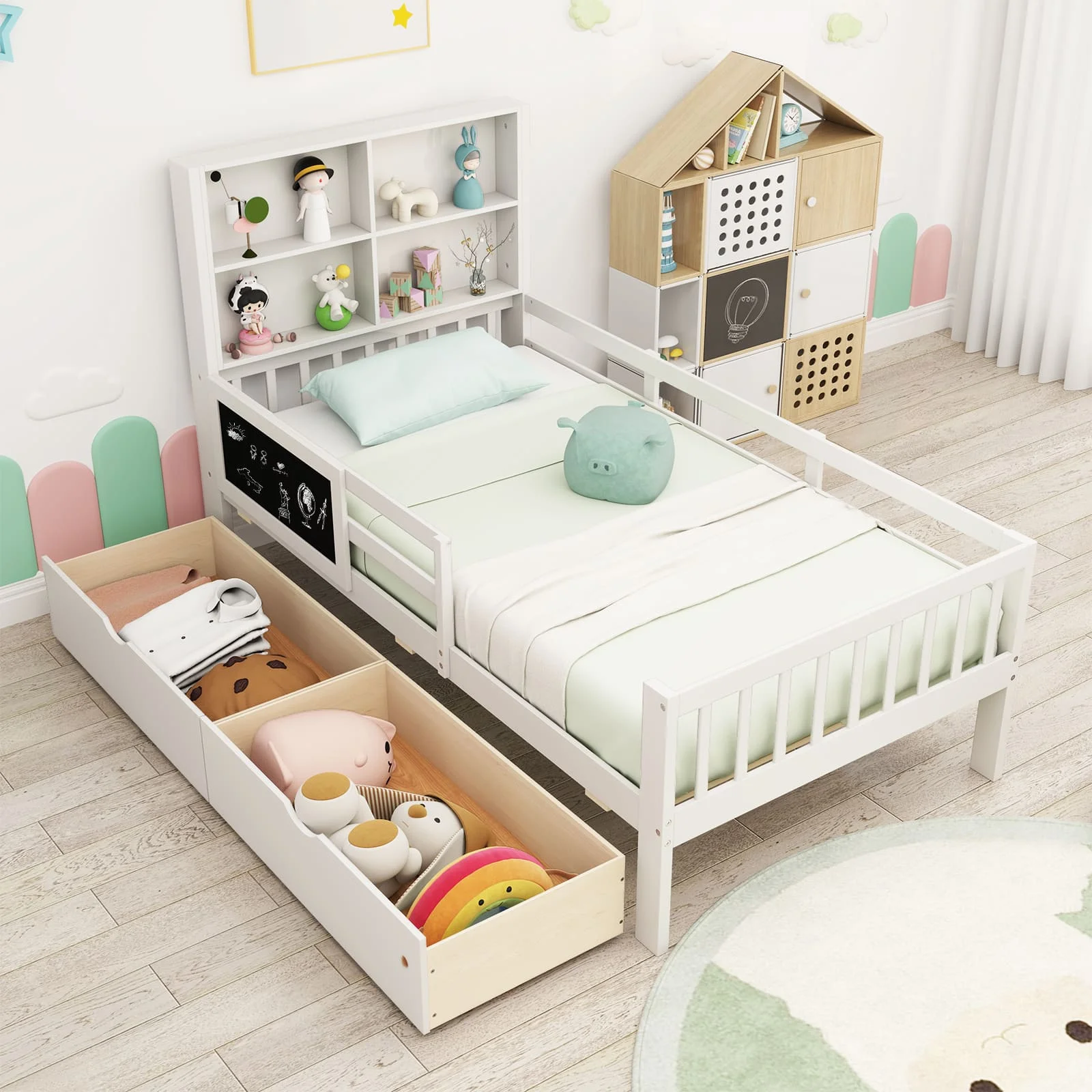 GOFLAME Single Size Bed Frame Solid Wood Platform Bed w/2 Storage Drawers