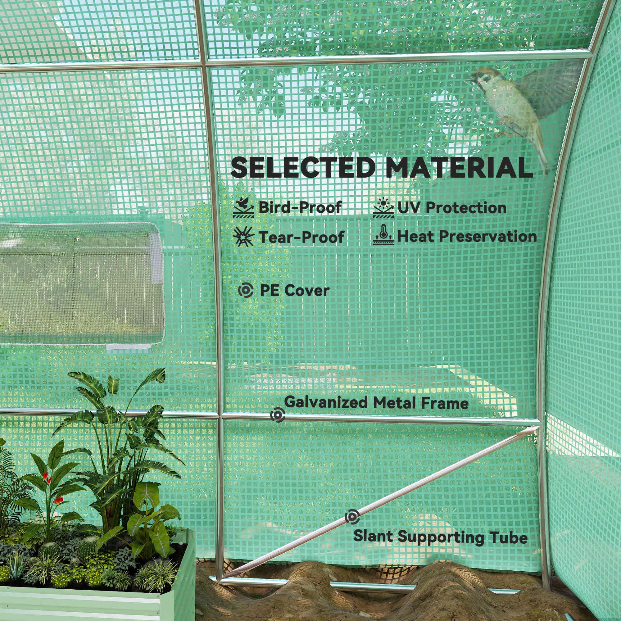 Reinforced Walk-In Polytunnel Greenhouse with Door and Mesh Windows 6 X 3(m)