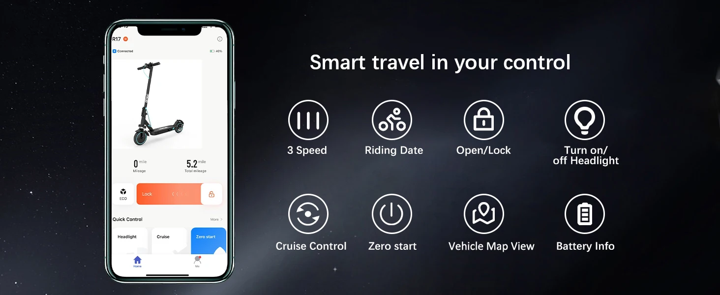 RCB R17 Electric Scooter Adult, APP-Control, 350W Motor, 25km/h Max Speed, 30km Range, 8.5" Solid Tire, 120kg Load, Dual Braking