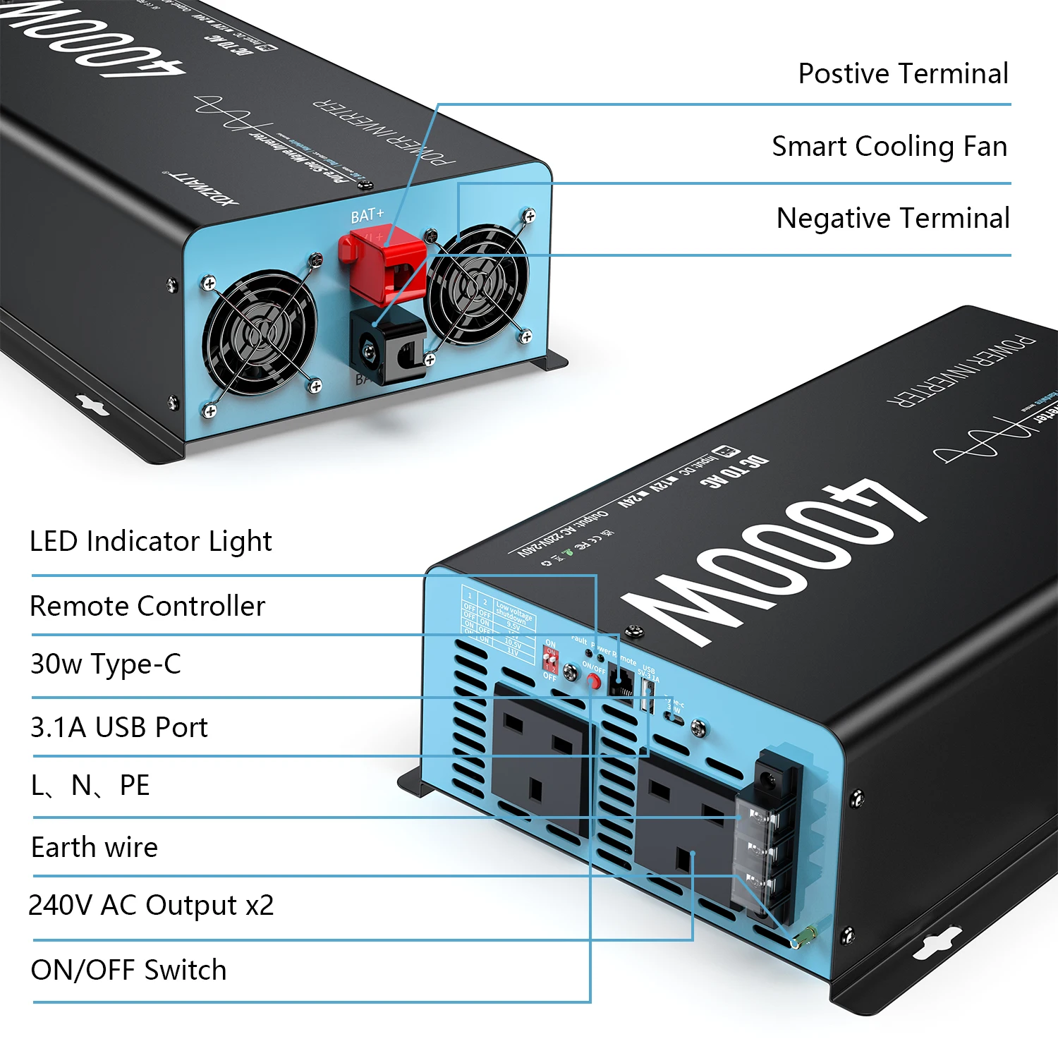 U.K Plug Pure Sine Wave Power Inverter 4000W 8000W(Peak) DC 12V To AC 240V LCD Display Remote Control Solar Car RV Boat Inverter