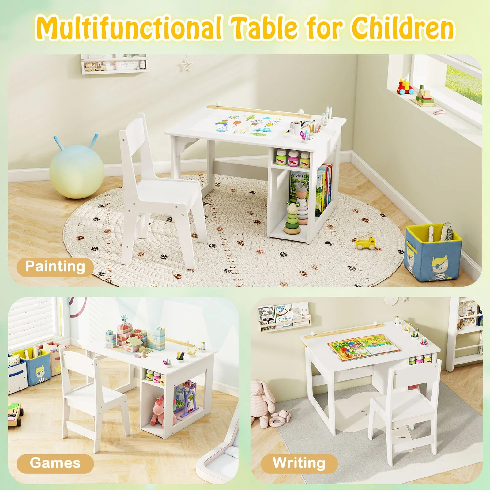 GOFLAME Kid’s Art Table & Chair Set with 4 Paint Cups & 2 Storage Shelves White