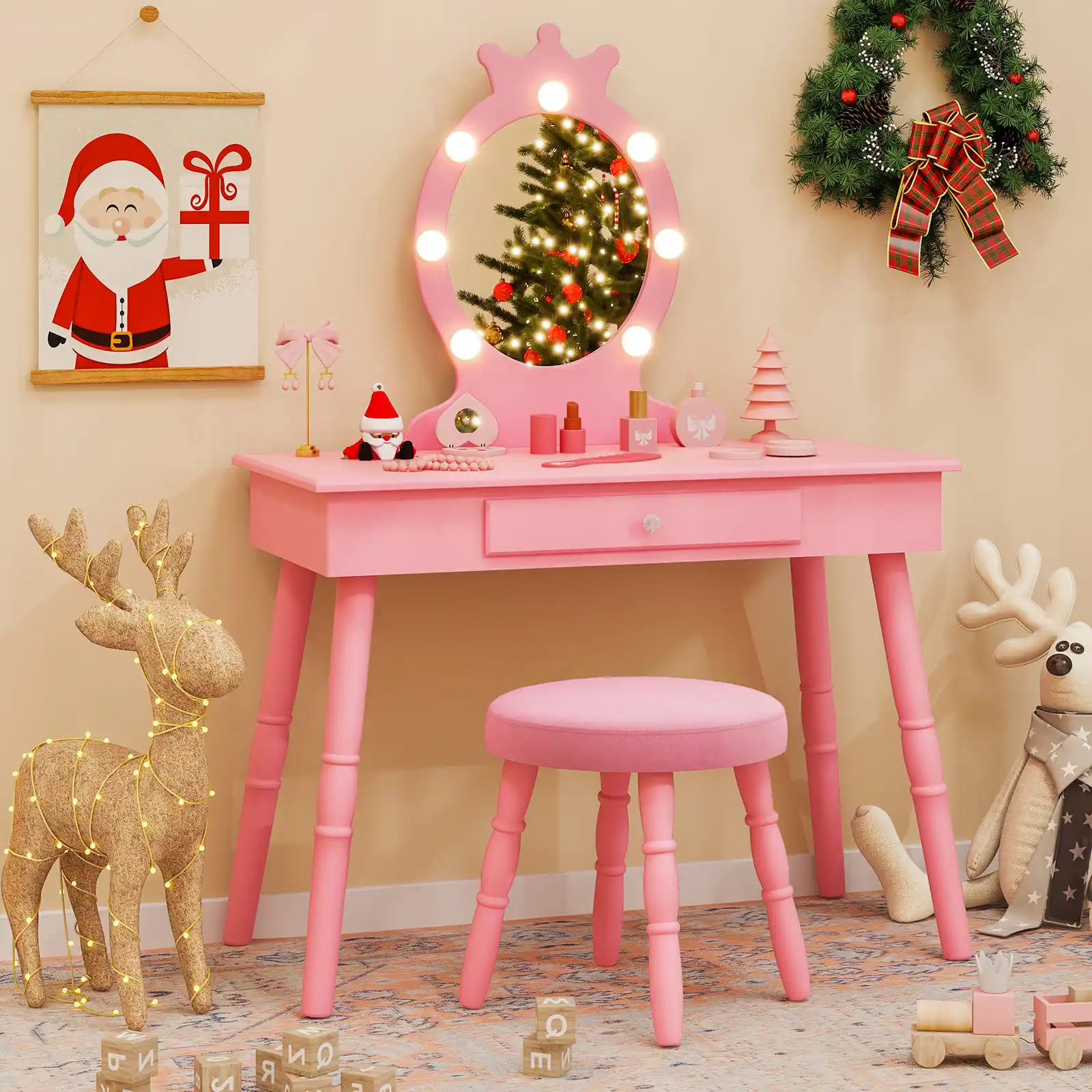 GOFLAME Princess Vanity Table & Chair Set Kids Vanity Set w/Lighted Mirror-Pink