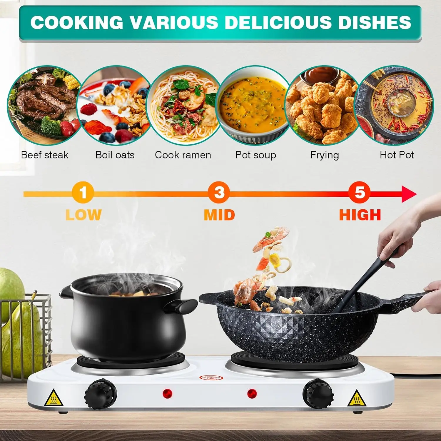 BRIEFNESS Dual Hotplate Dual Electric Hotplate Portable Electric Hotplate Outdoor Multifunctional Electric Heating Stove