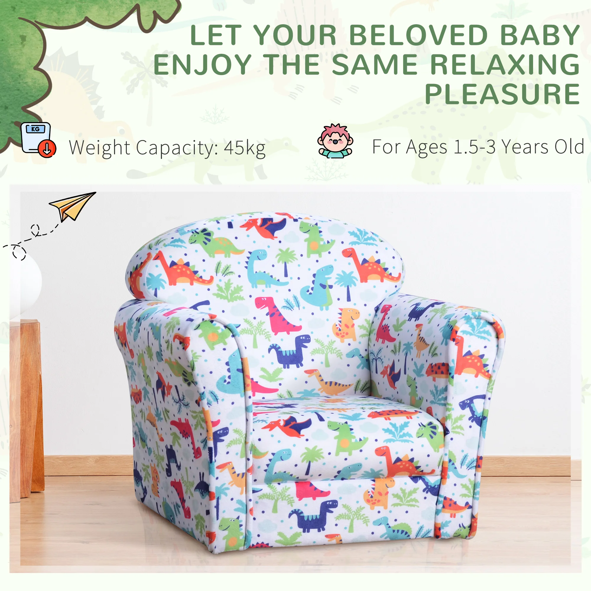 HOMCOM Children's Armchair Flannel Kids Sofa Tub Chair Cartoon Rocket Pattern Wooden Frame Bedroom Playroom Seater