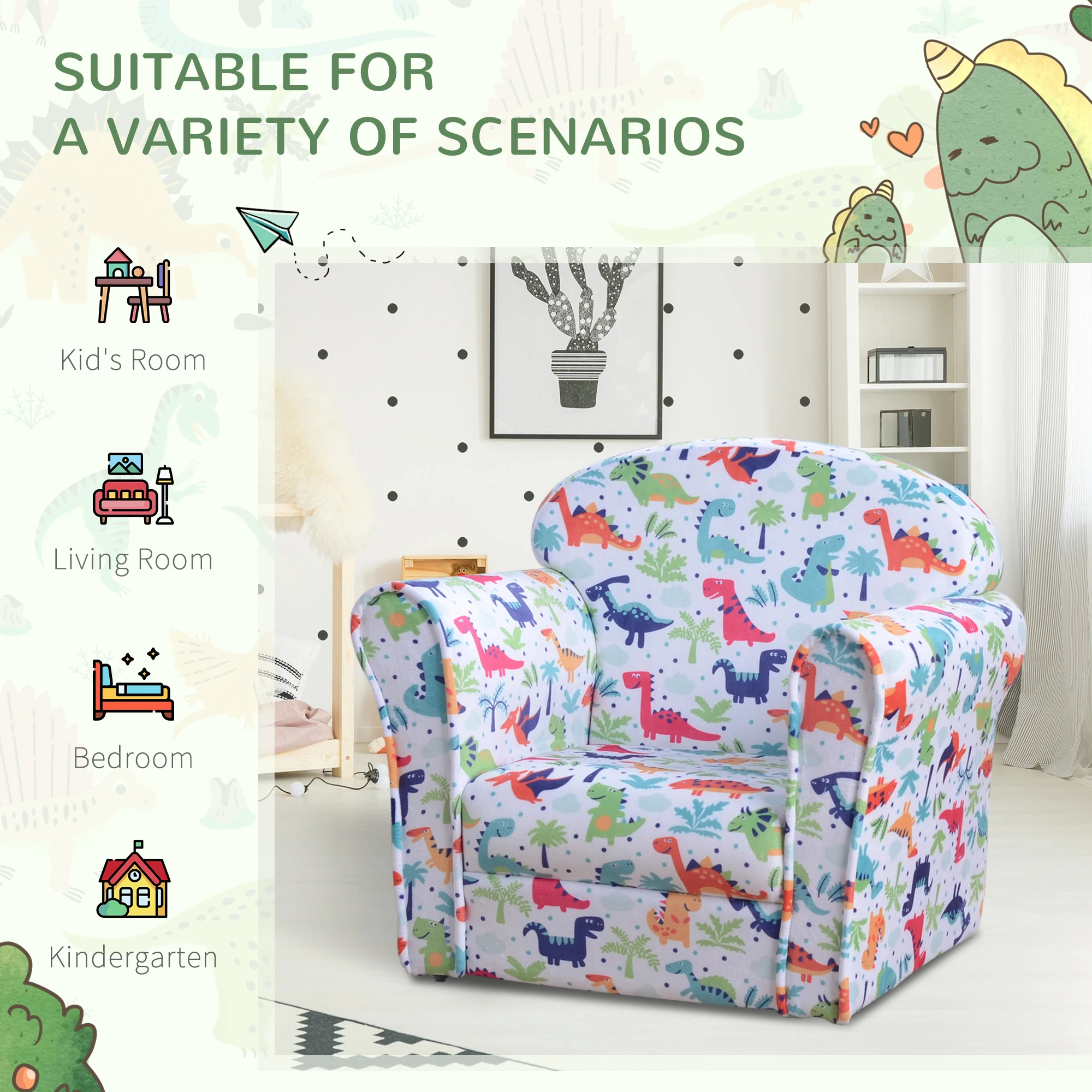 HOMCOM Children's Armchair Flannel Kids Sofa Tub Chair Cartoon Rocket Pattern Wooden Frame Bedroom Playroom Seater