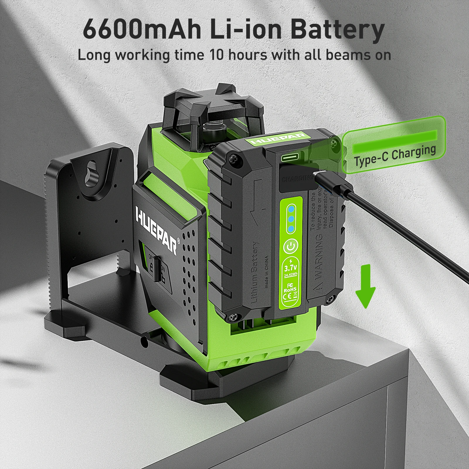 Huepar 703CG 360° Cross Line Laser Level 12 Lines Self-leveling 3D Green Beam Level Pulse Mode Adjust Bright Alignment Tools